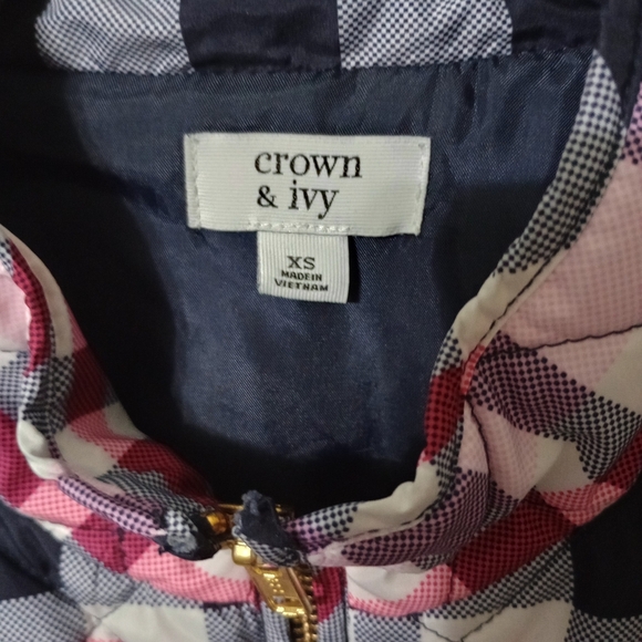 Crown & IVY Woman Pink Black Plaid Puffer Quilted Full Zip Vest XS Preppy Boho - Picture 2 of 6